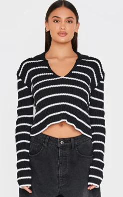 Monochrome Stripe Rib Knit V Neck Cropped Polo