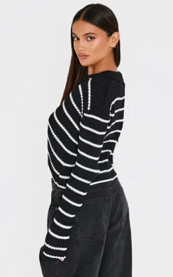 Monochrome Stripe Rib Knit V Neck Cropped Polo