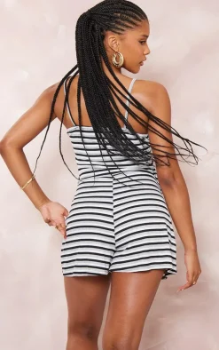 Monochrome Stripe Twist Bust Strappy Cut Out Romper