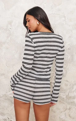 Monochrome Striped Textured Tie Front Long Sleeve Top