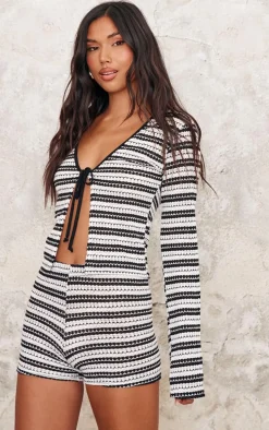 Monochrome Striped Textured Hot Pants