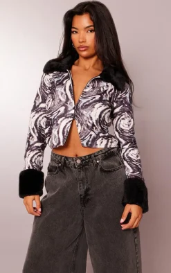 Monochrome Swirl Print Faux Fur Zip Up Knit Cardigan