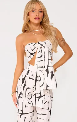 Monochrome Swirl Print Linen Look Tie Front Crop Top