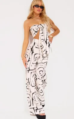 Monochrome Swirl Print Linen Look Tie Front Crop Top