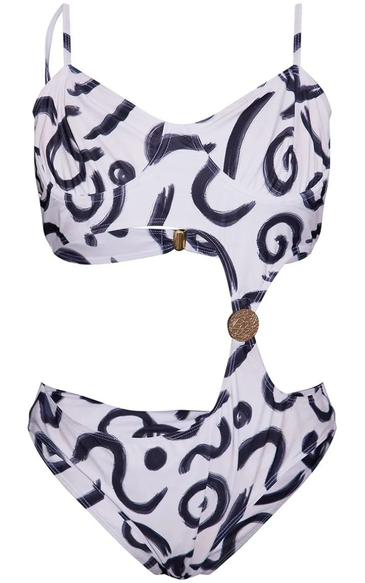Monochrome Swirl Print Underwired Cut Out Swimsuit