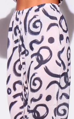 Monochrome Swirl Wide Leg Beach Pants