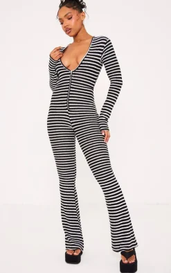 Monochrome Textured Stripe Plunge Wide Leg Jumpsuit