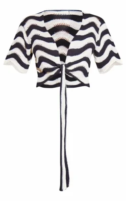 Monochrome Wave Knit Tie Front Cap Sleeve Top