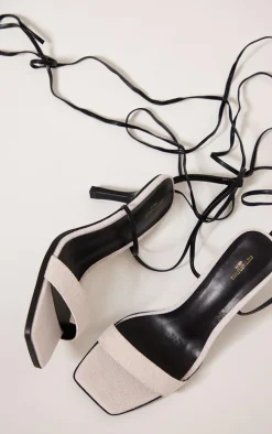 Monochrome Wide Fit Square Toe Contrast Lace Up Mid Heeled Sandals