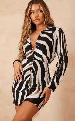 Monochrome Zebra Print Long Sleeve Shirt Dress