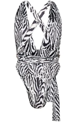 Monochrome Zebra Print Multiway Wrap Waist Plunge Swimsuit