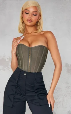Moss Khaki Bandage Hook And Eye Structured Corset
