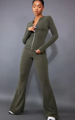 Moss Khaki Two Tone Rib Longline Zip Up Top