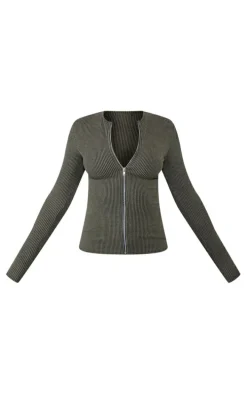 Moss Khaki Two Tone Rib Longline Zip Up Top