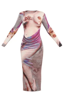 Multi Abstract Body Print Long Sleeve Midaxi Dress