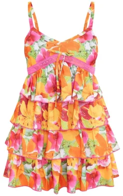 Multi Abstract Floral Tiered Frill Shift Dress