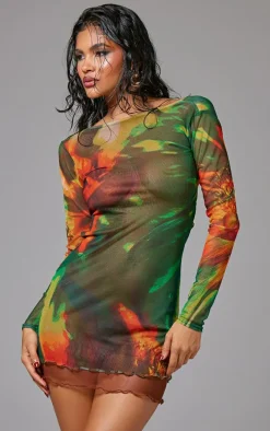 Multi Abstract Flower Printed Backless Mini Dress