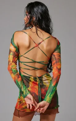 Multi Abstract Flower Printed Backless Mini Dress