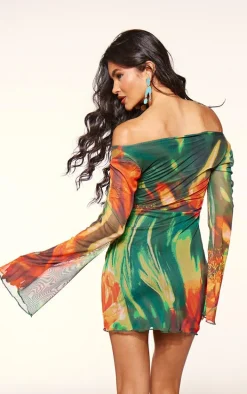 Multi Abstract Flower Printed Mesh Cut Out Mini Dress