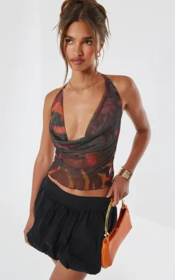 Multi Abstract Mesh Cowl Halterneck Crop Top
