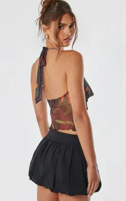 Multi Abstract Mesh Cowl Halterneck Crop Top