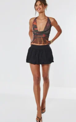 Multi Abstract Mesh Cowl Halterneck Crop Top