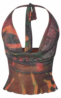 Multi Abstract Mesh Cowl Halterneck Crop Top