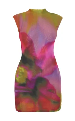 Multi Abstract Mesh Print Mini Dress