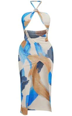 Multi Abstract Print Acetate Slinky Cut Out Halter Midaxi Dress
