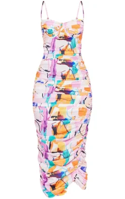 Multi Abstract Print Asymmetric Detail Ruched Midaxi Dress