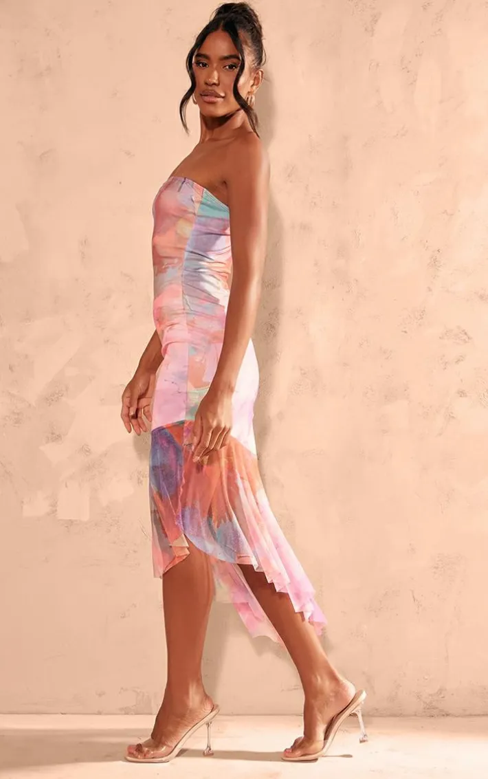 Multi Abstract Print Asymmetric Frill Hem Bandeau Midaxi Dress