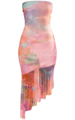 Multi Abstract Print Asymmetric Frill Hem Bandeau Midaxi Dress