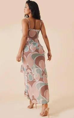 Multi Abstract Print Chiffon Frill Detail Maxi Dress
