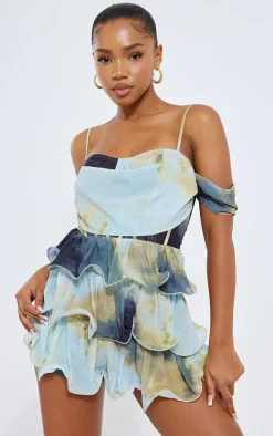 Multi Abstract Print Chiffon Bardot Frill Detail Romper