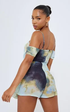 Multi Abstract Print Chiffon Bardot Frill Detail Romper