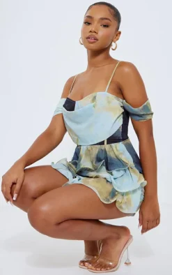 Multi Abstract Print Chiffon Bardot Frill Detail Romper