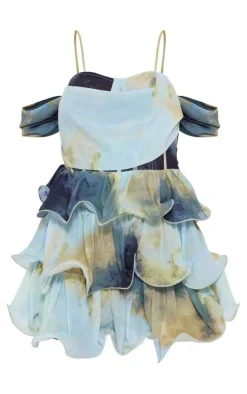 Multi Abstract Print Chiffon Bardot Frill Detail Romper