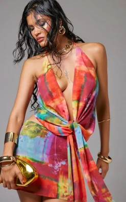 Multi Abstract Print Chiffon Mini Skirt