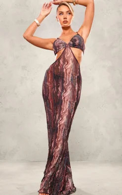 Multi Abstract Print Crinkle Mesh Cut Out Maxi Dress