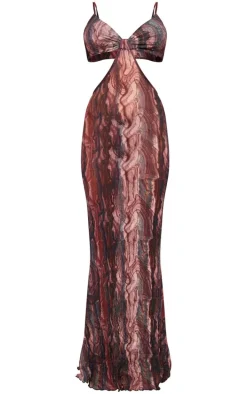 Multi Abstract Print Crinkle Mesh Cut Out Maxi Dress