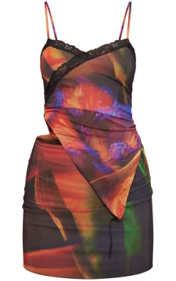 Multi Abstract Print Cut Out Overlay Lace Trim Bodycon Dress