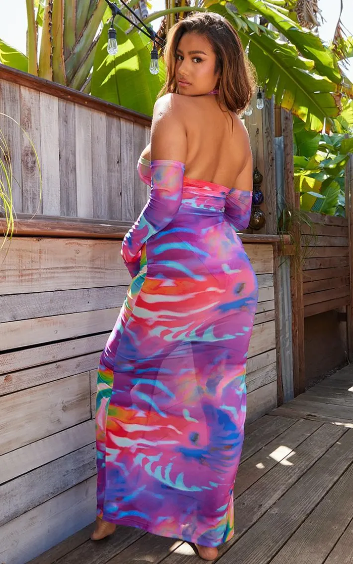 Multi Abstract Print Cut Out Halter Neck Maxi Beach Dress