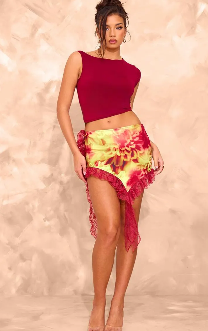 Multi Abstract Print Lace Trim Mini Skirt