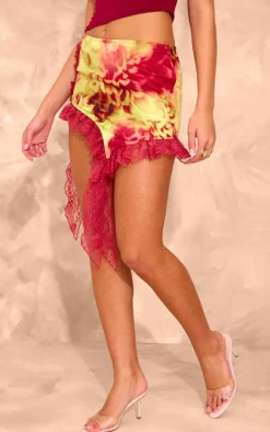 Multi Abstract Print Lace Trim Mini Skirt