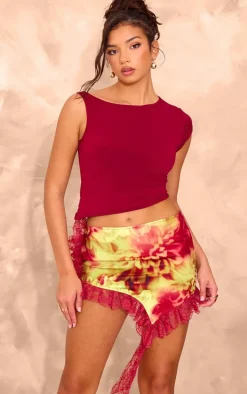 Multi Abstract Print Lace Trim Mini Skirt