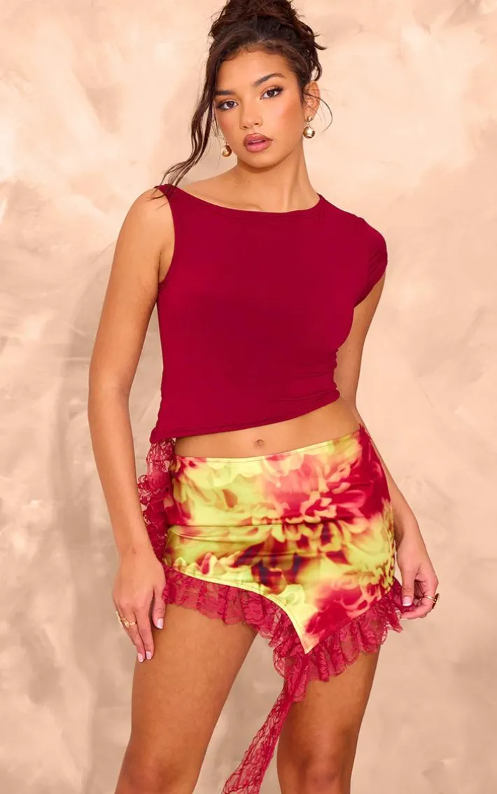 Multi Abstract Print Lace Trim Mini Skirt