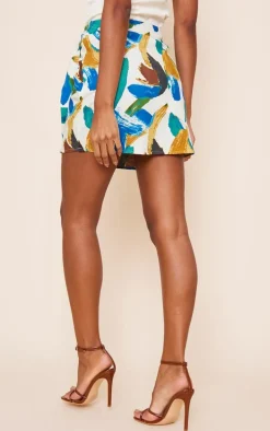 Multi Abstract Print Linen Look Knot Front Mini Skirt