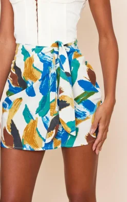 Multi Abstract Print Linen Look Knot Front Mini Skirt