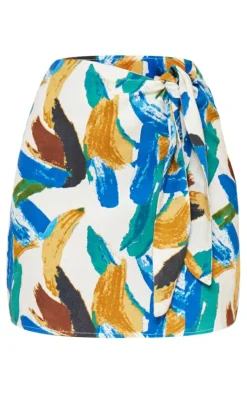 Multi Abstract Print Linen Look Knot Front Mini Skirt