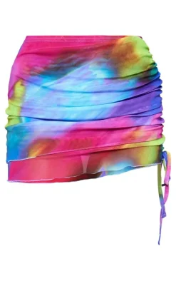 Multi Abstract Print Mesh Ruched Micro Mini Skirt